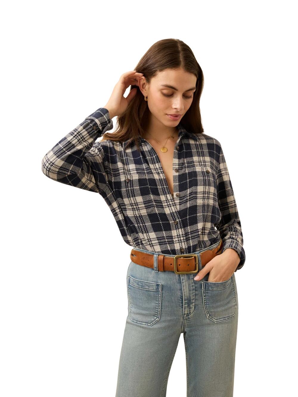 Faherty Legend Sweater Shirt Sapphire Lake Plaid Medium Navy Blue Flannel Soft